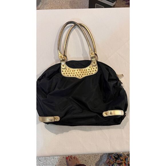 REBECCA MINKOFF NYLON BLACK LEATHER TRAVEL TOTE GOLD TRIM BOHO BAG - Picture 7 of 10